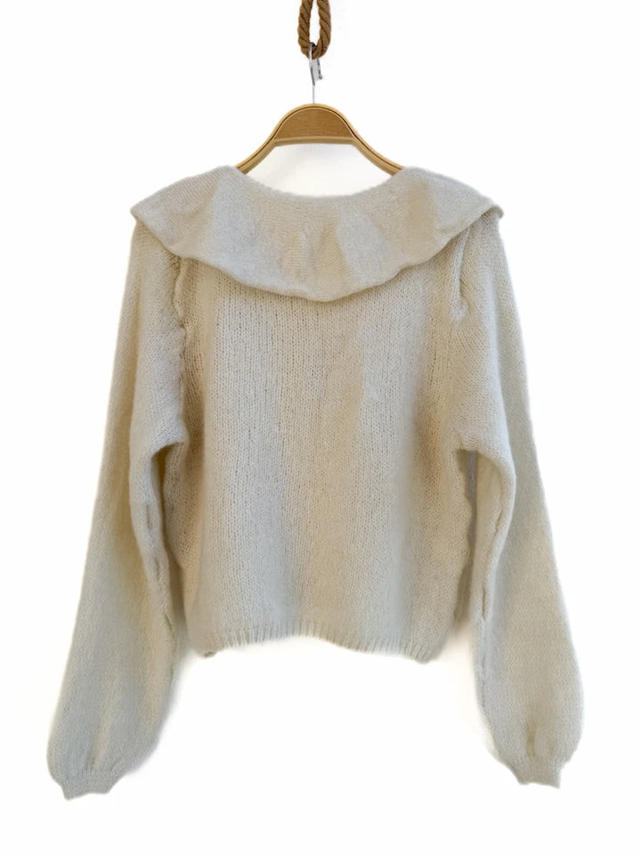 Jersey de Punto Suave con Cuello de Volantes y Lazo Frontal