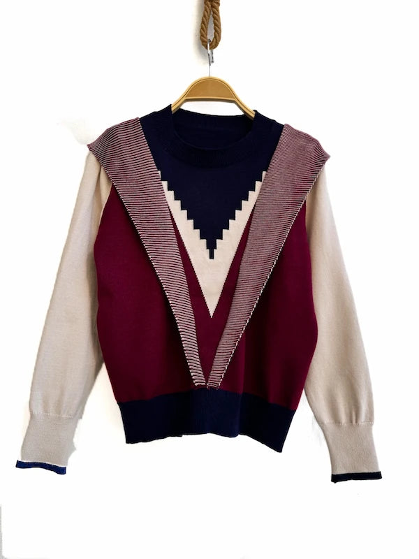 Suéter de Punto Multicolor con Diseño Geométrico en V