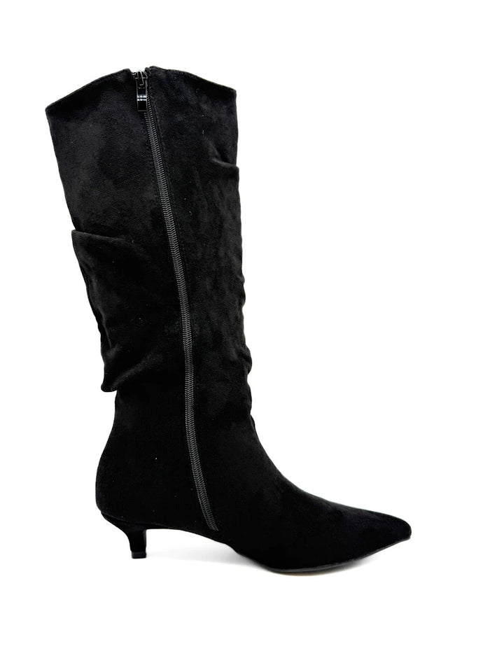 Botas Altas Fruncidas de Ante Sintético con Tacón Chupete y Puntera Fina