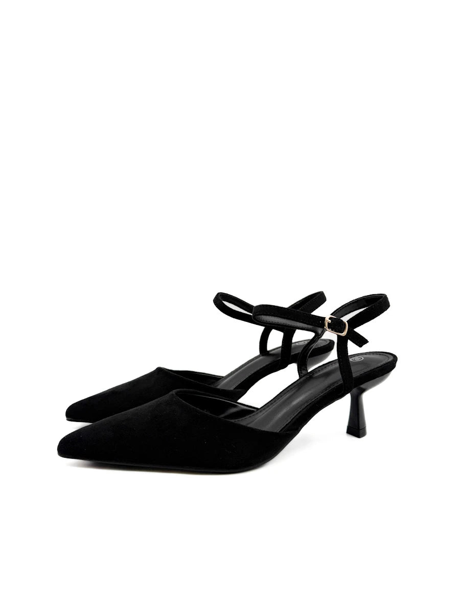 Zapatos destalonados de punta fina con tacón bajo y acabado en antelina