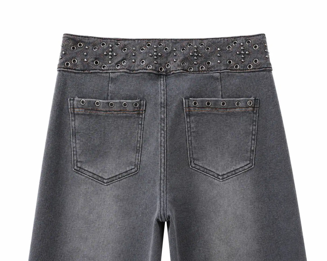 Jeans Rectos de Cintura Alta con Remaches y Bordados