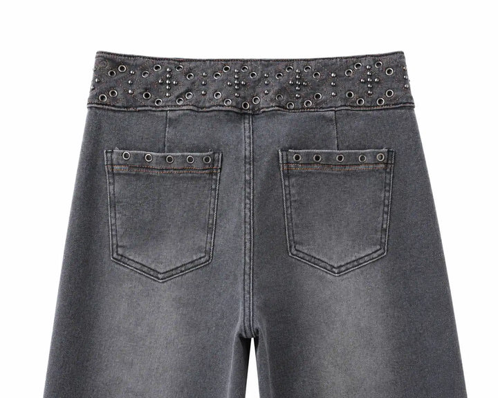 Jeans Rectos de Cintura Alta con Remaches y Bordados