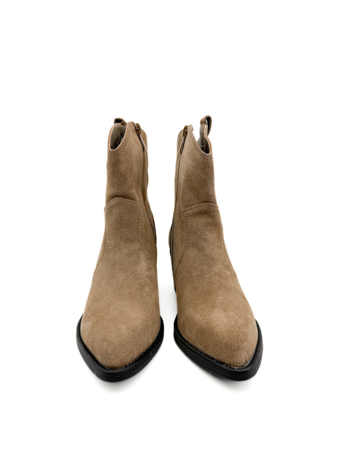 Botín  de Piel Estilo Cowboy en Tono Beige con Tacón Ancho