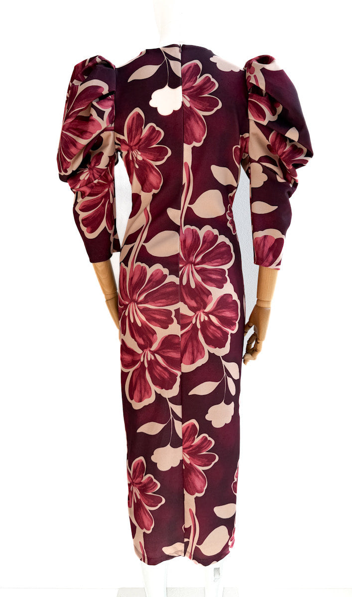 Vestido Elegante con Estampado Floral y Manga Abullonada
