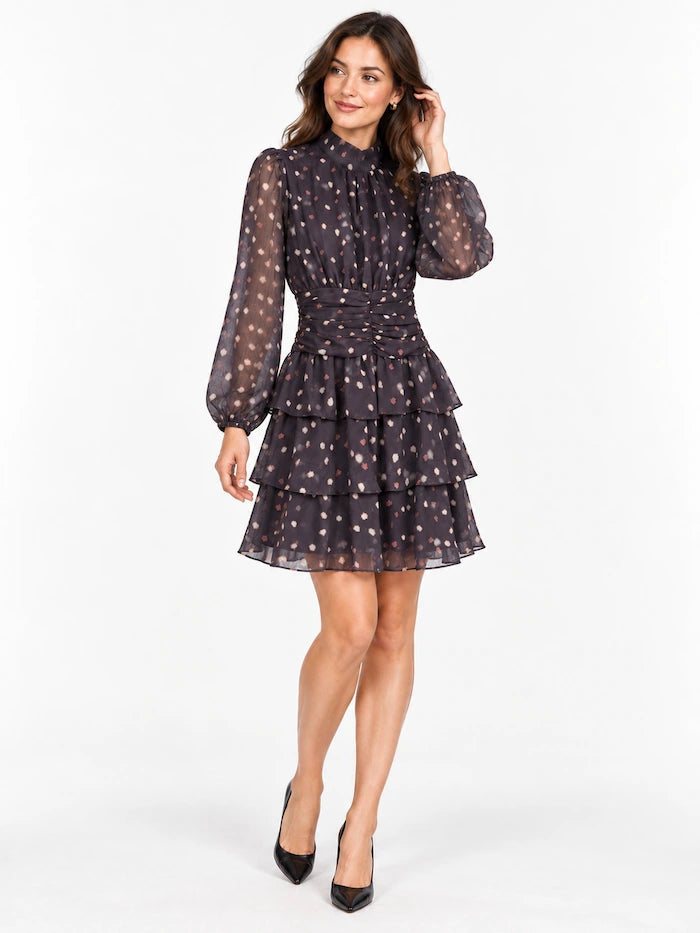 Vestido Corto de Gasa con Estampado y Volantes Multi capa