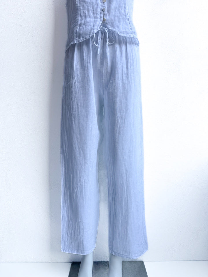 Pantalón de Lino con Cintura Elástica y Lazo Decorativo