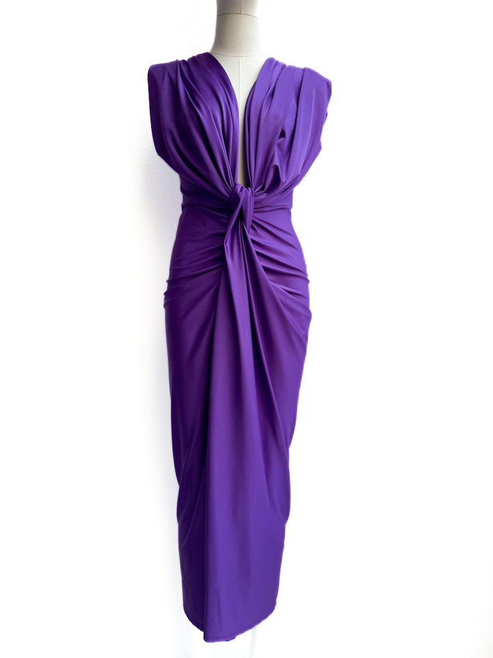 Vestido Largo Drapeado con Escote en V Profundo, Nudo en la Cintura.