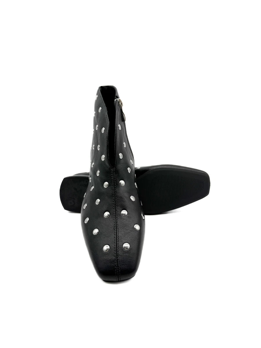 Botines Bajos de Mujer Negros con Tachuelas Plata, Puntera Cuadrada y Cremallera