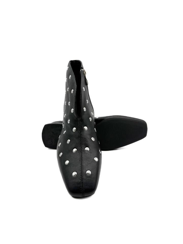 Botines Bajos de Mujer Negros con Tachuelas Plata, Puntera Cuadrada y Cremallera