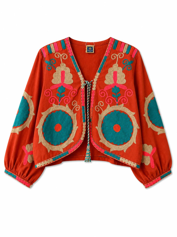 Chaqueta Bordada Multicolor para Mujer de Estilo Boho con Manga Larga y Diseño Artesanal