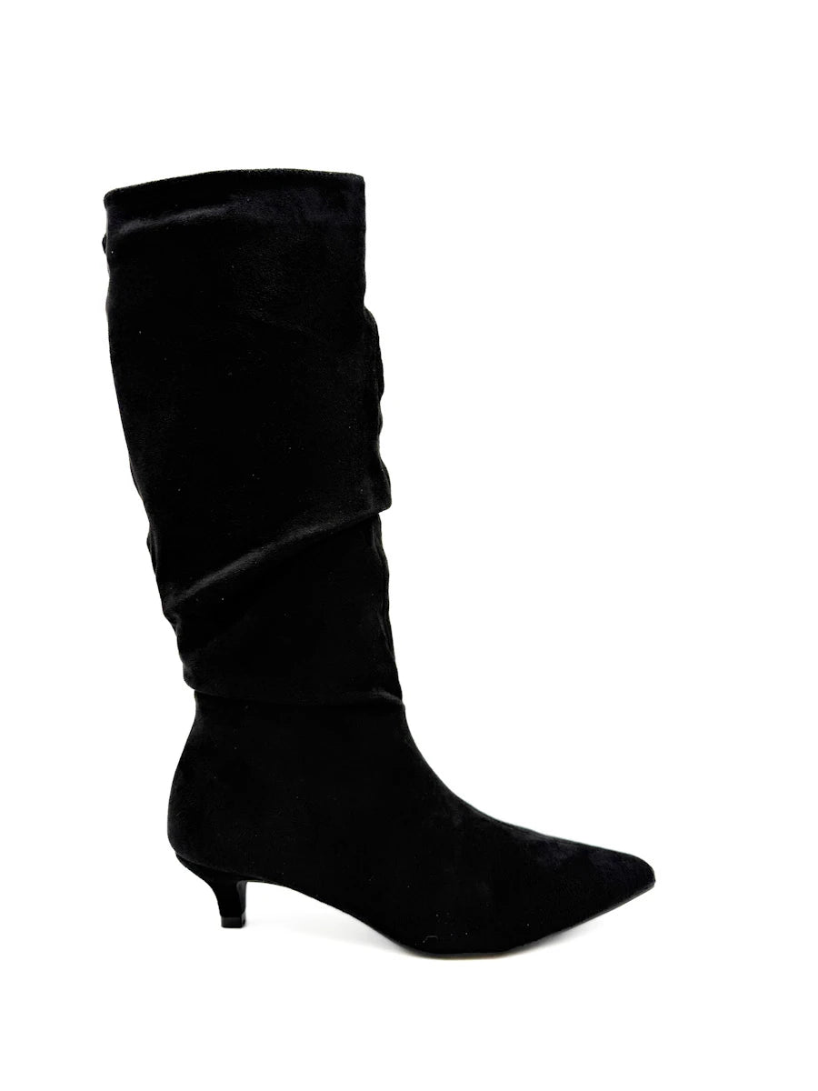 Botas Altas Fruncidas de Ante Sintético con Tacón Chupete y Puntera Fina