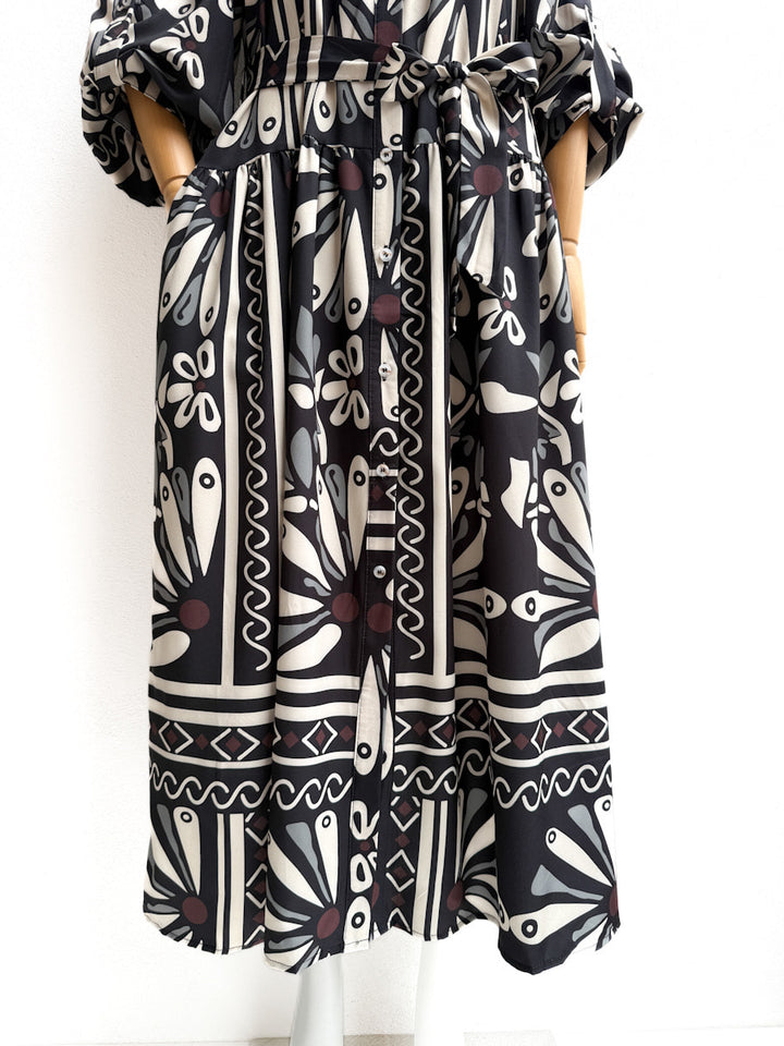 Vestido Camisero Largo Estampado Floral Geométrico