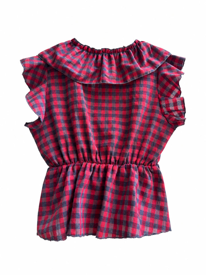 Blusa de Cuadros Vichy con Volantes y Escote en V | Elegancia Casual para Mujer