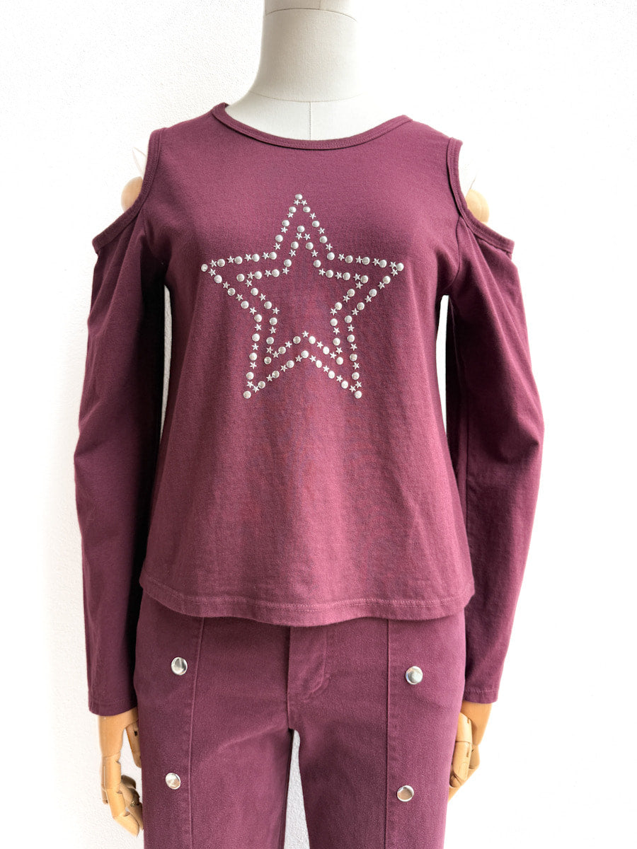 Camiseta con Hombros Descubiertos y Detalle Estrella Brillante Burdeos Única
