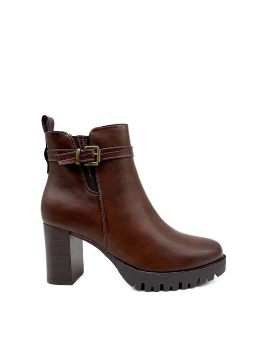 Botines de Cuero Sintético con Tacón Ancho y Suela de Plataforma Marrón