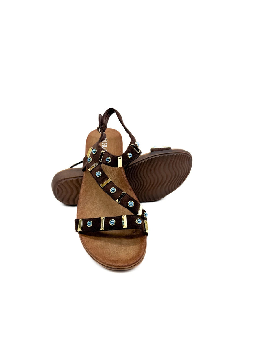 Sandalias Romanas Boho-Chic con Detalles de Pedrería Azul y Dorado