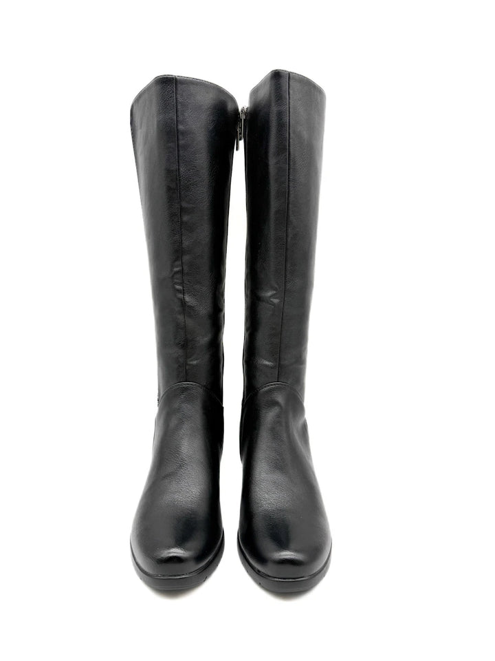 Botas Altas de Piel Sintética con Tacón Ancho y Panel Elástico Posterior