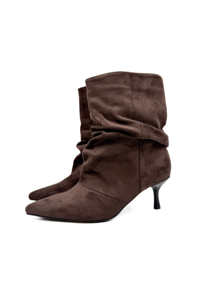 Botines Arrugados de Antelina para Mujer con Tacón Fino y Puntera Afilada