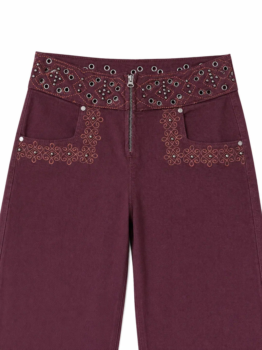 Jeans Rectos de Cintura Medio con Remaches y Bordados