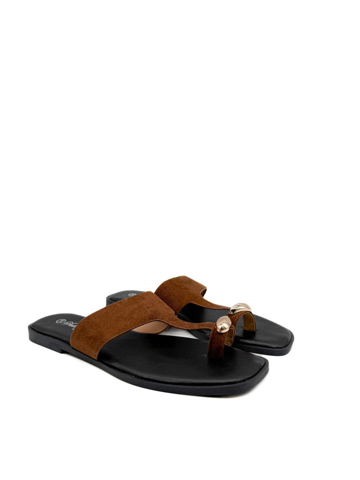 Sandalias Planas Antelina de Dedo con Detalle Dorado