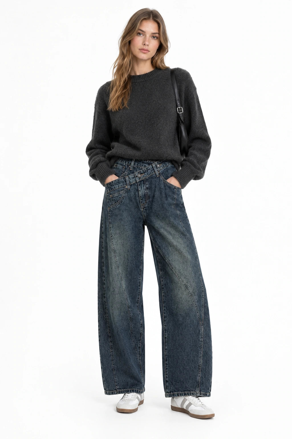 Pantalón Vaquero Azul Vintage de Pierna Ancha con Cintura Asimétrica