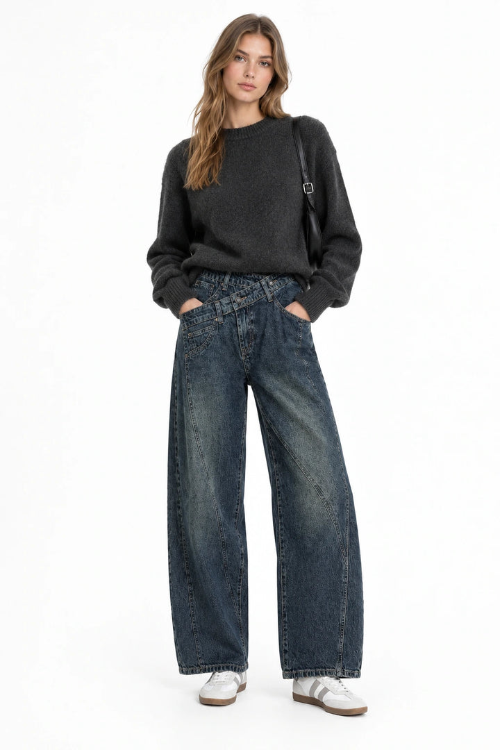 Pantalón Vaquero Azul Vintage de Pierna Ancha con Cintura Asimétrica