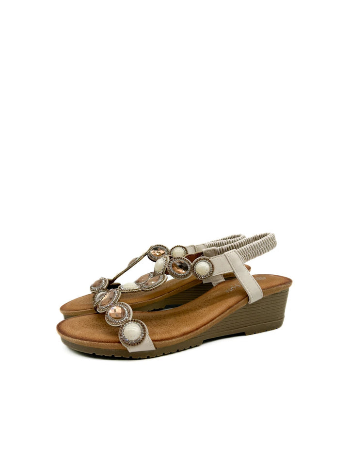 Sandalias de Cuña Baja con Pedrería y Tira Elástica Estilo Joya