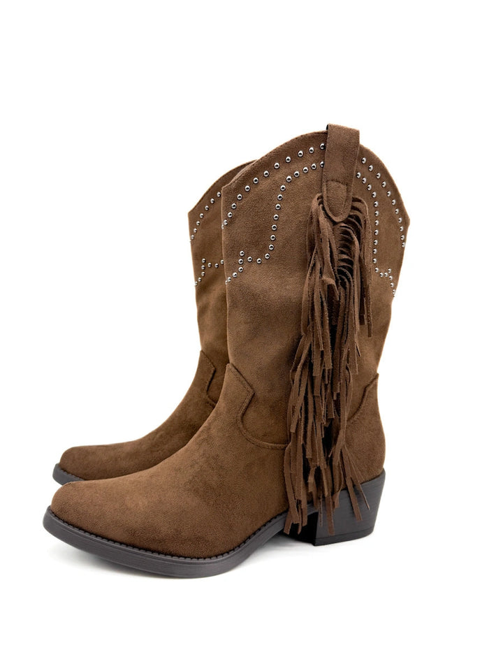 Bota cowboy de antelina color kahki con bordado