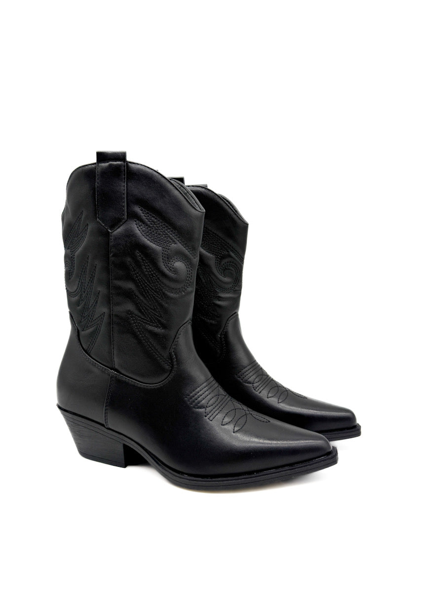 Botín Cowboy Negra con Diseño Clásico y Cremallera Lateral