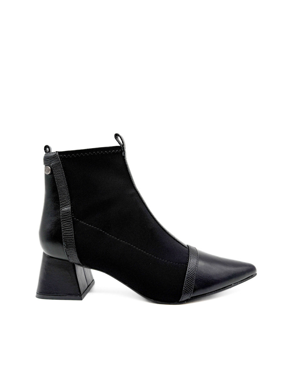 Botín Negra con Tacón Cuadrado y Tejido Elástico Negro