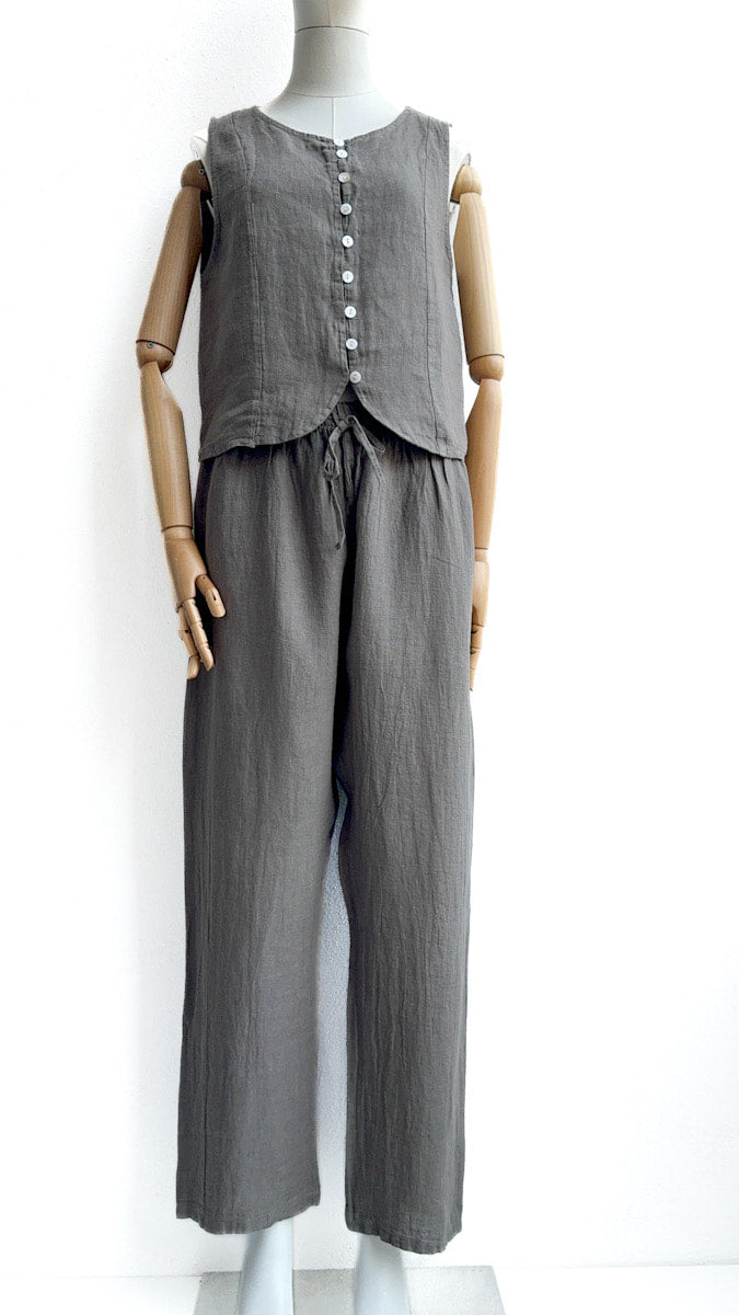 Pantalón de Lino con Cintura Elástica y Lazo Decorativo