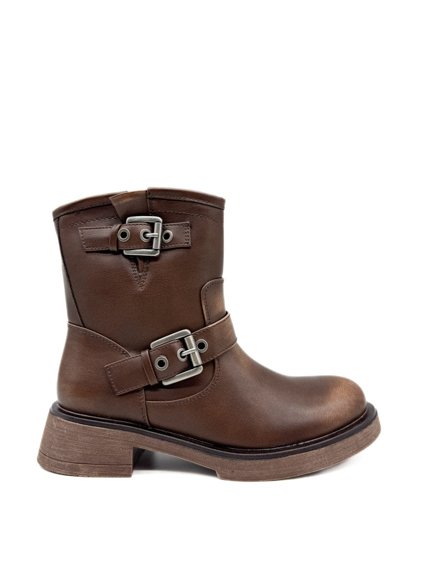 Botín Biker Marrón con Hebillas y Suela Track. Marrón