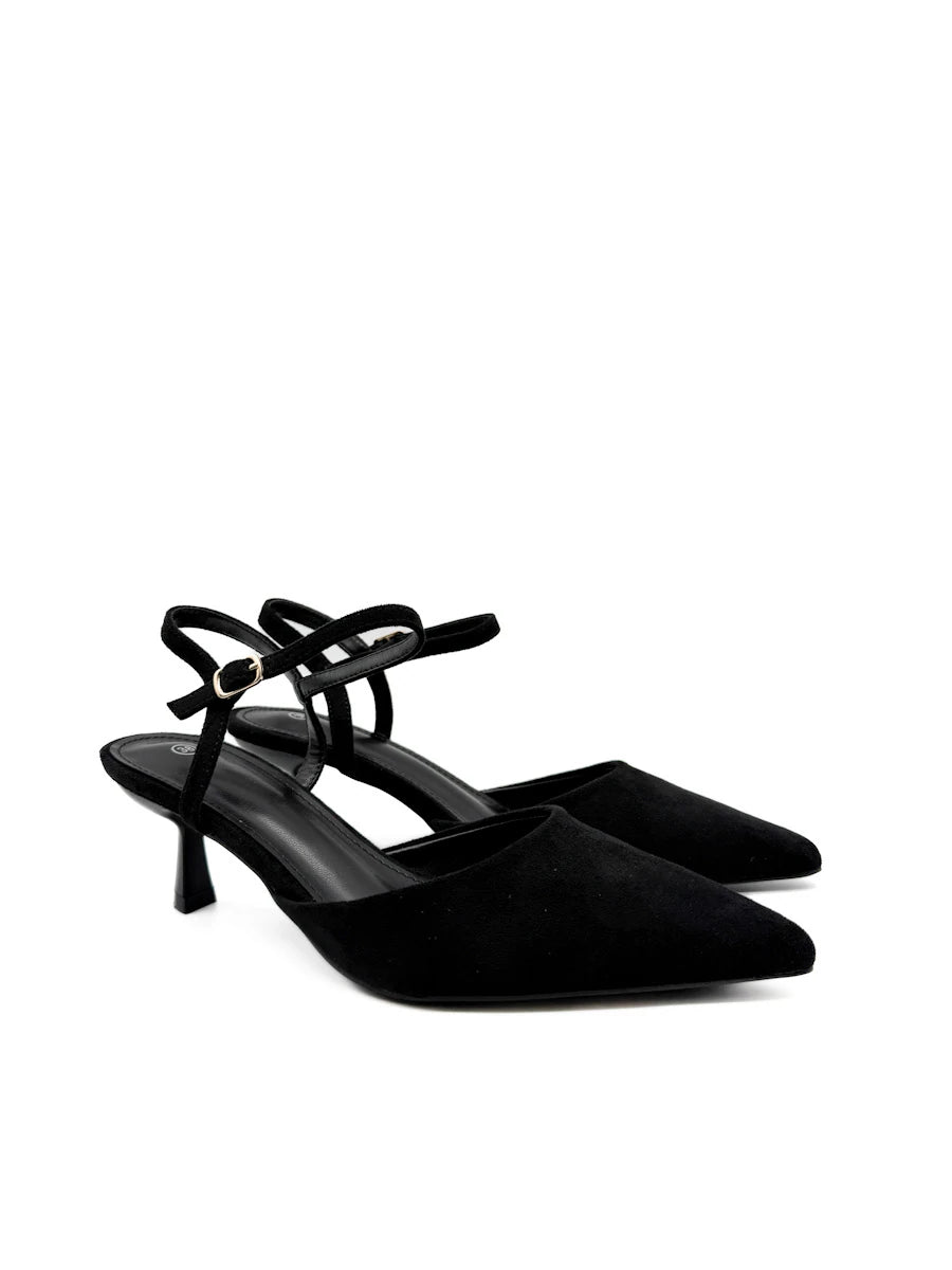 Zapatos destalonados de punta fina con tacón bajo y acabado en antelina