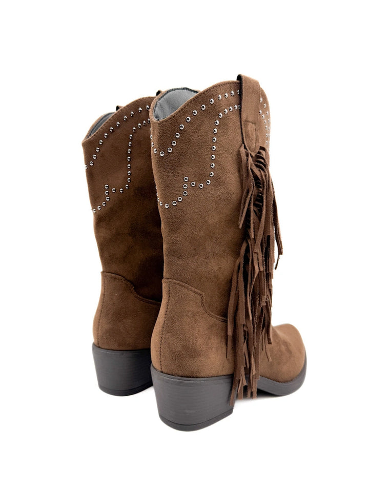 Bota cowboy de antelina color kahki con bordado