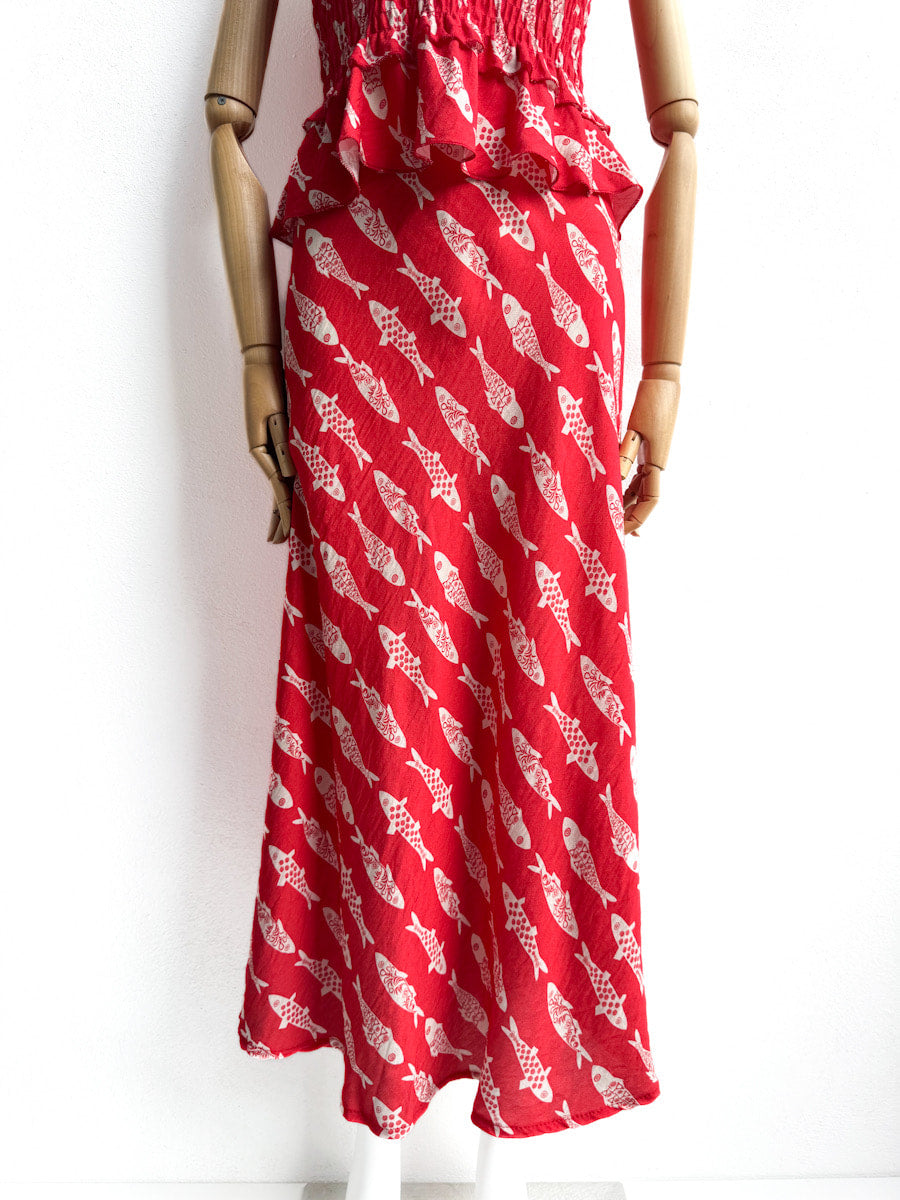 Conjunto Top y Falda Estampado de Peces – Disponible en Rojo y Beige