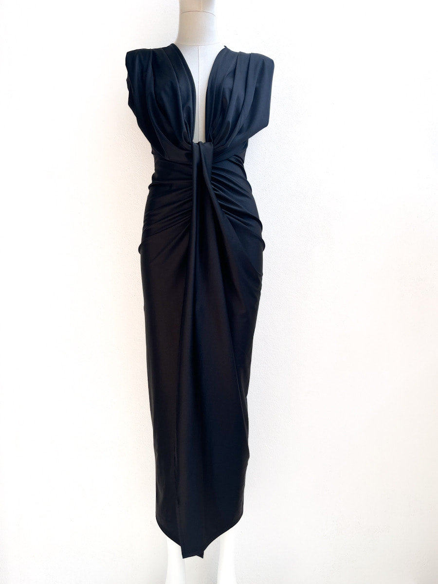 Vestido Largo Drapeado con Escote en V Profundo, Nudo en la Cintura.