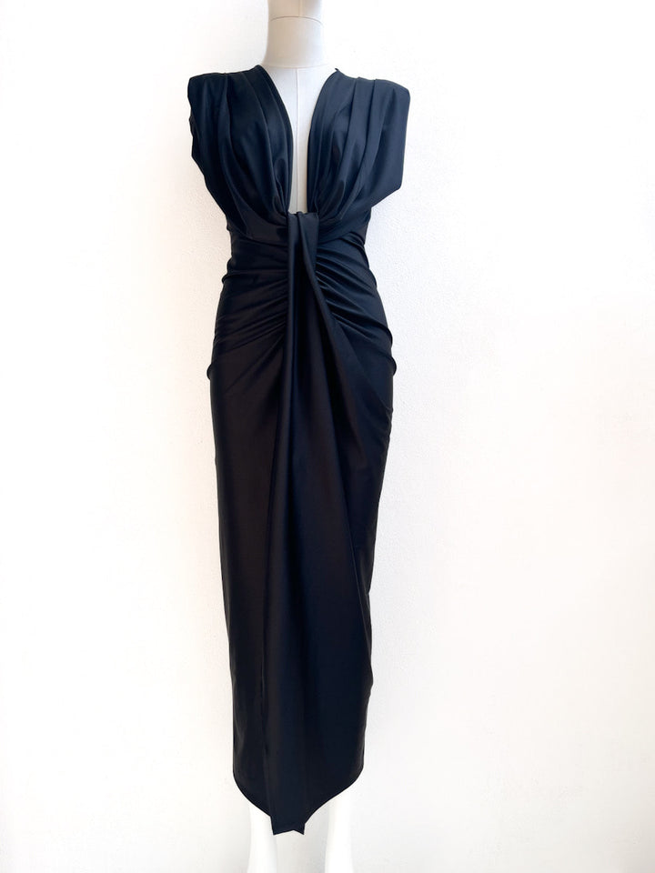 Vestido Largo Drapeado con Escote en V Profundo, Nudo en la Cintura.