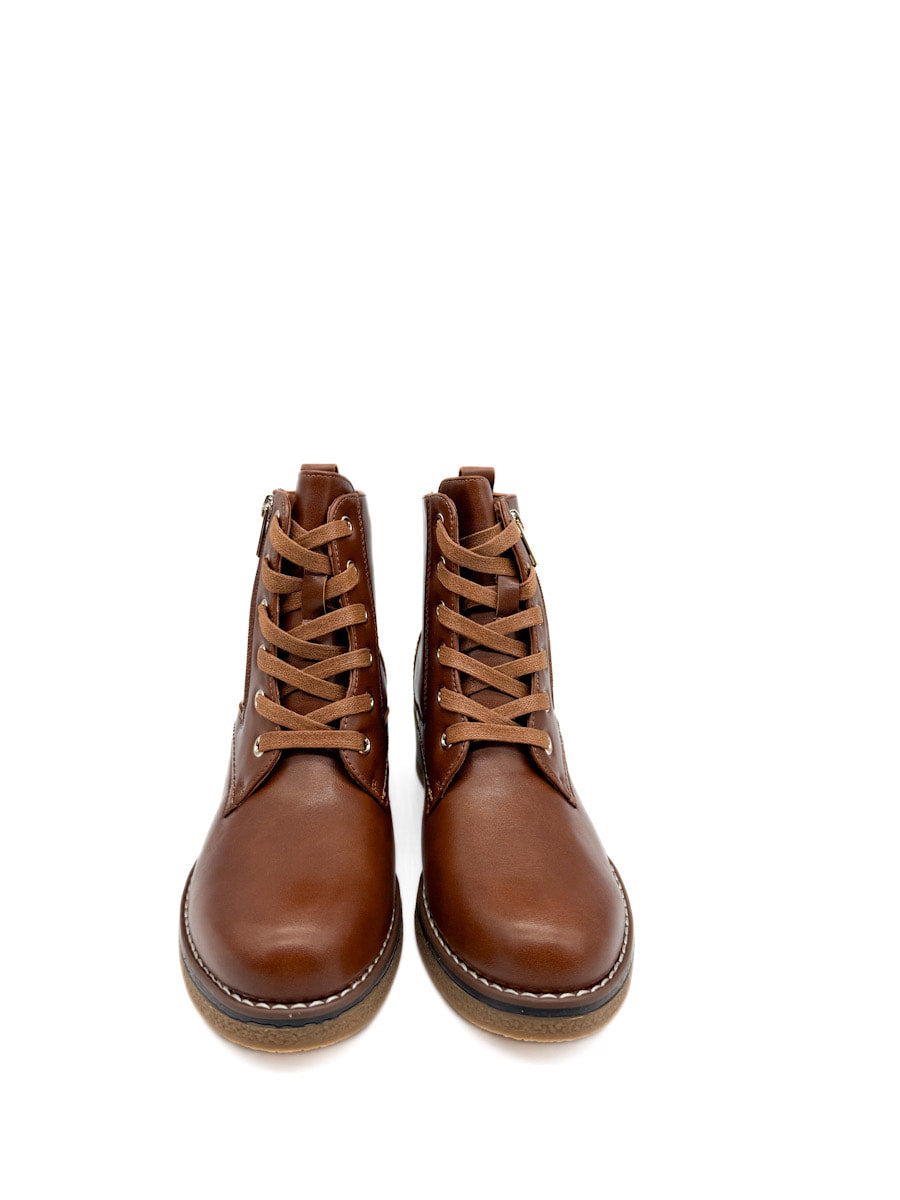 Botín Camel con Cordones, Tacón Grueso y Cremallera Lateral