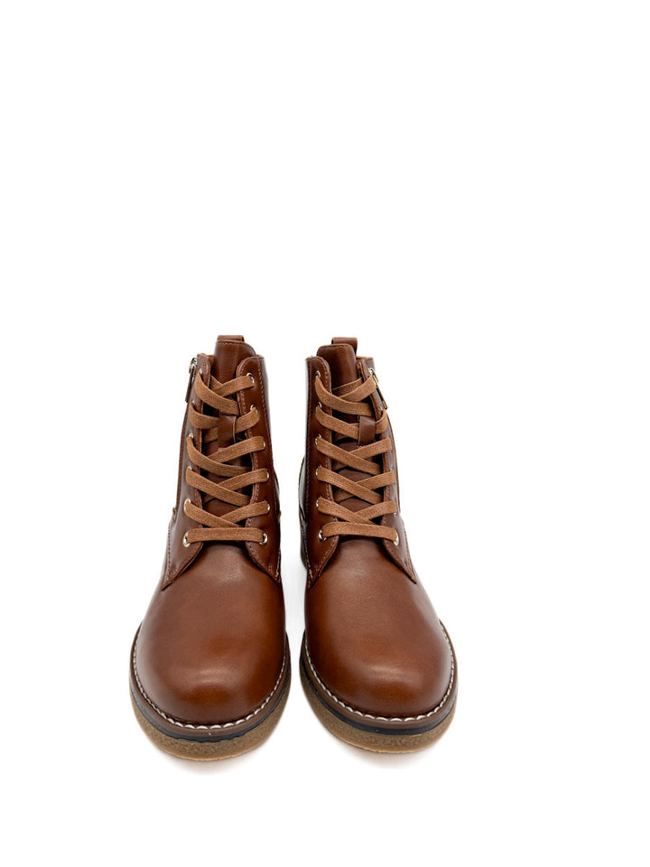 Botín Camel con Cordones, Tacón Grueso y Cremallera Lateral