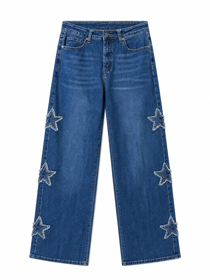 Vaqueros Rectos con Estrellas Mujer |Jeans Anchos Efecto Lavado
