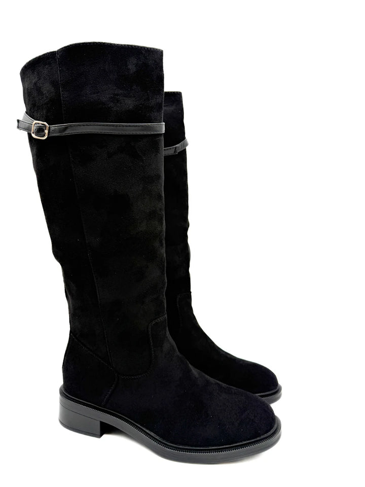 Botas Altas de Antelina con Tira Superior y Tacón Bajo
