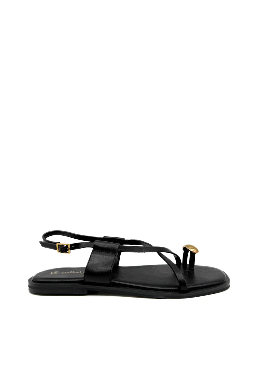 Sandalias Planas con Tira de Dedo y Adorno Dorado Escultural