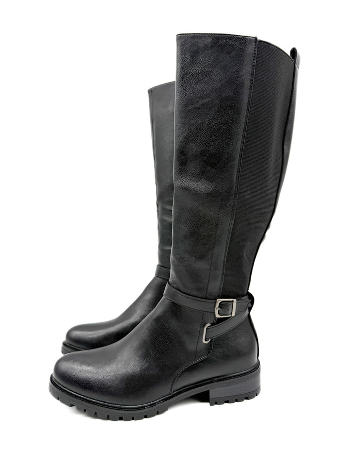 Botas de Caña Alta con Detalles Elásticos y Correa Ajustable.