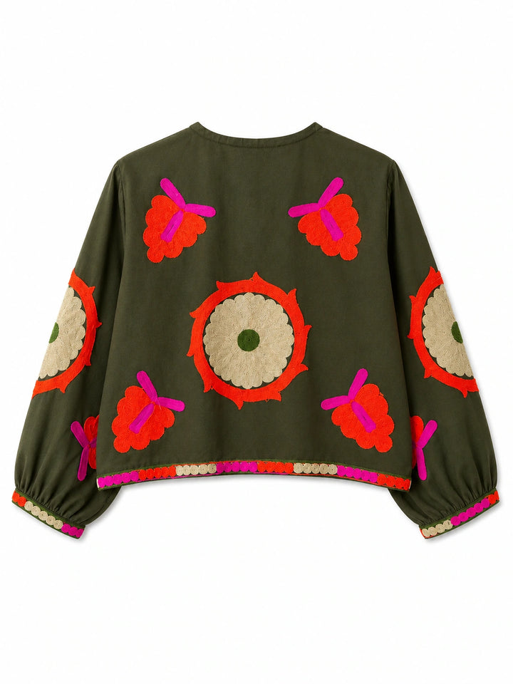 Chaqueta Bordada Multicolor para Mujer de Estilo Boho con Manga Larga y Diseño Artesanal