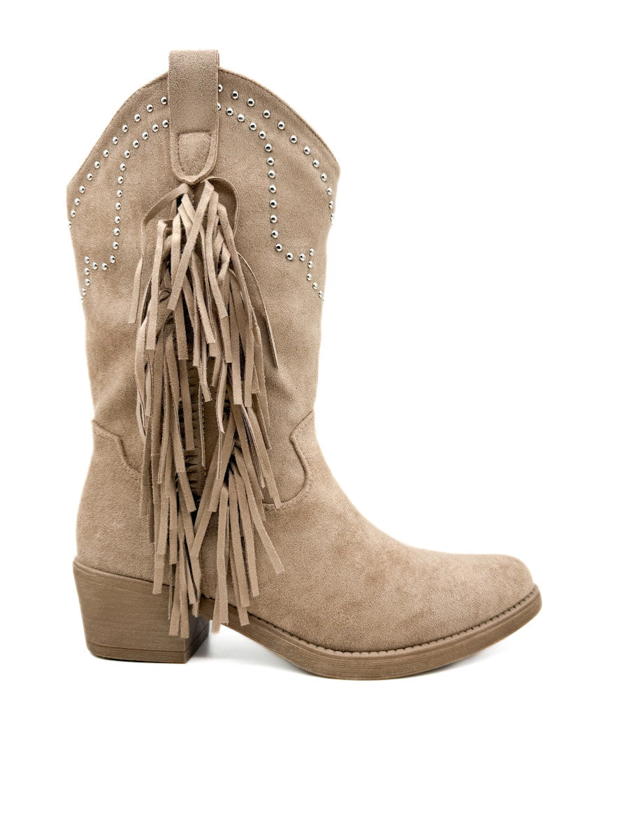 Bota cowboy de antelina color kahki con bordado