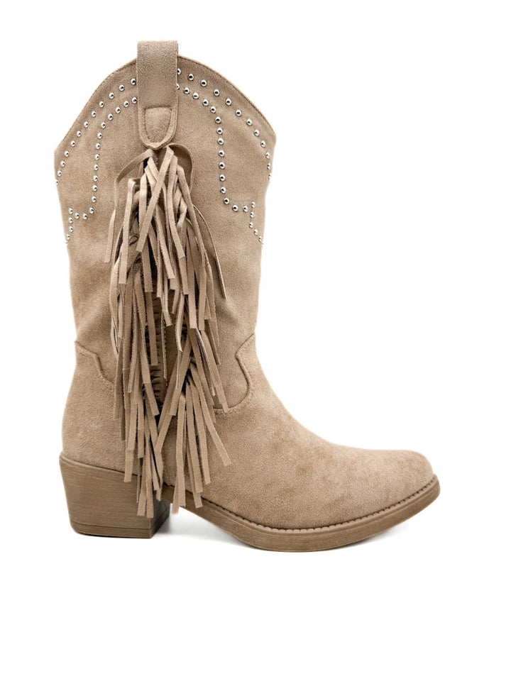 Bota cowboy de antelina color kahki con bordado