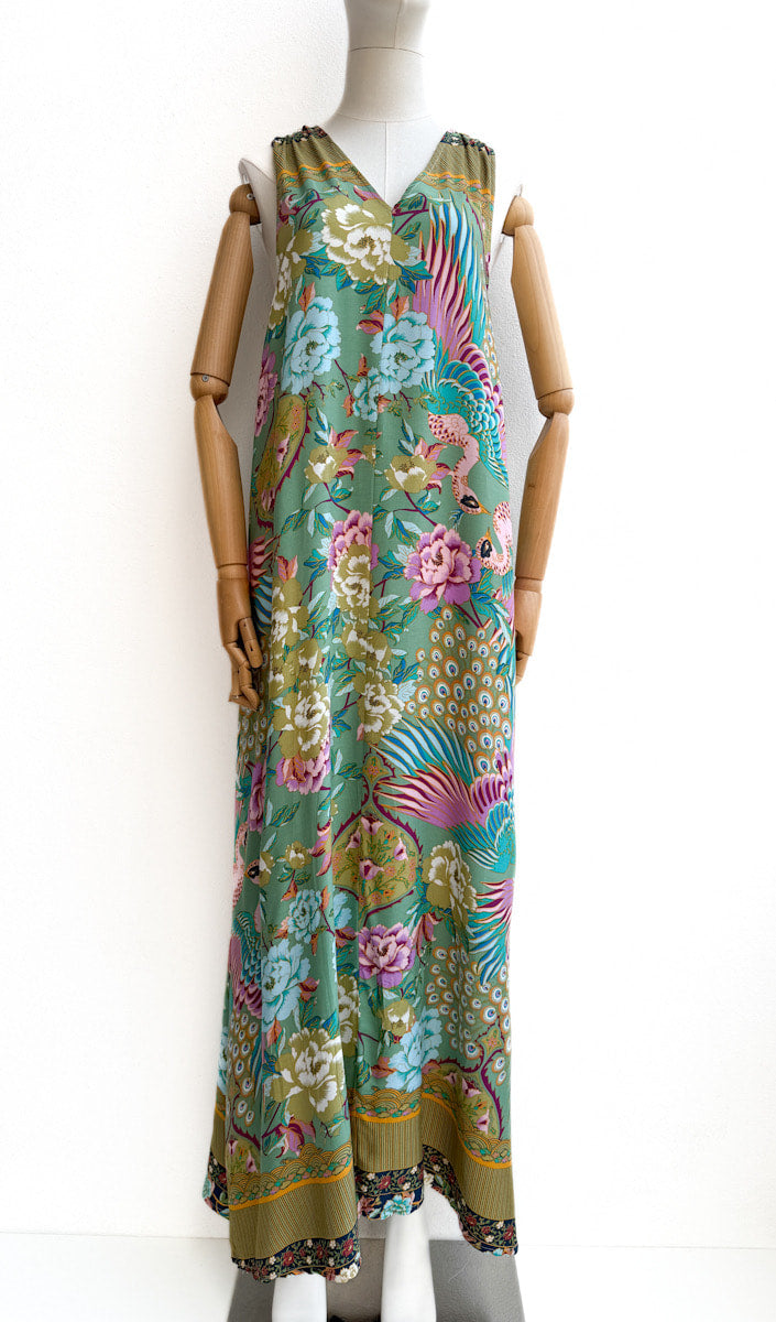 Vestido largo sin mangas con estampado floral y aves Verde Rosa
