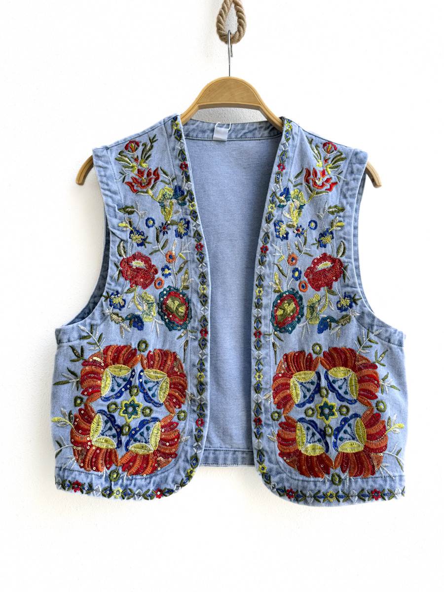 Chaleco Denim Bordado Azul Tejano