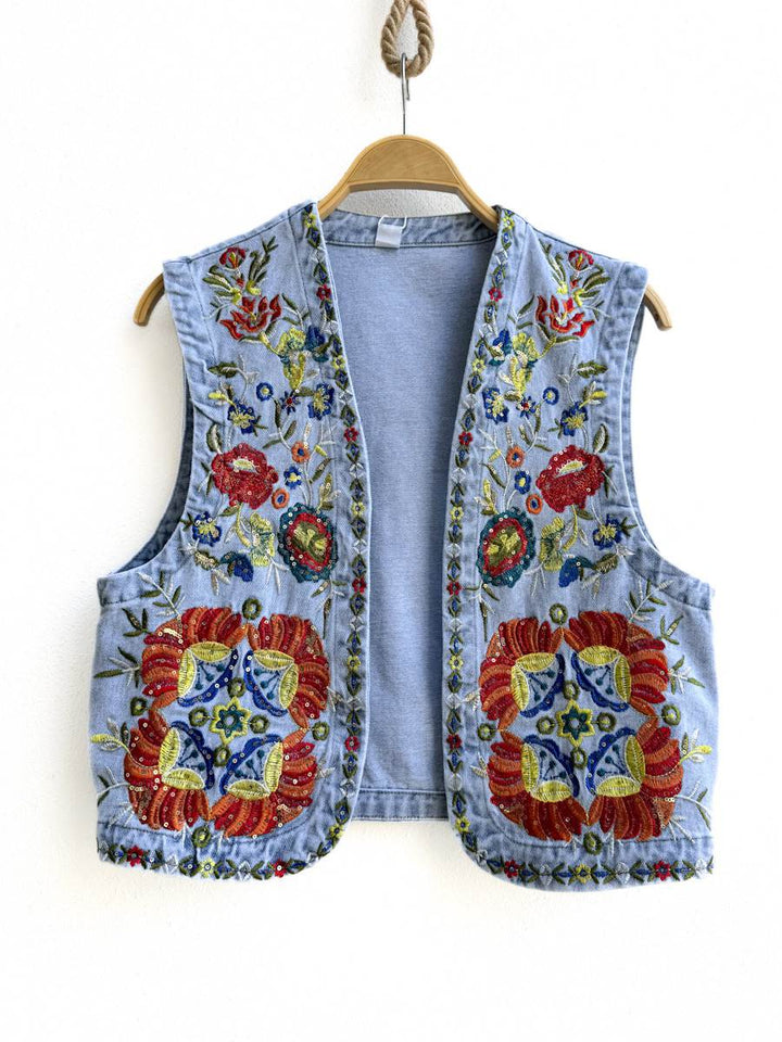 Chaleco Denim Bordado Azul Tejano