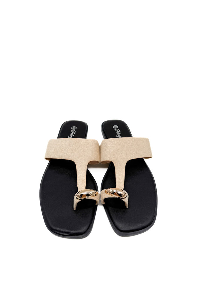 Sandalias Planas Antelina de Dedo con Detalle Dorado